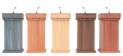 Four wooden podiums in various shades of brown and gray