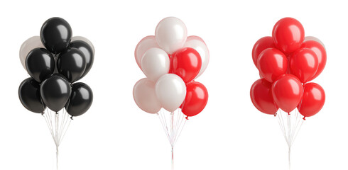 Three bunches of clustered balloons in black, white and red, on a white background