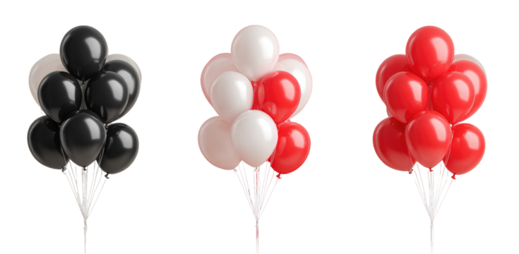 Three bunches of clustered balloons in black, white and red, on a white background