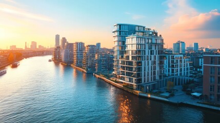 Obraz premium Sunset over the thames river modern architecture london aerial view urban landscape aesthetic beauty