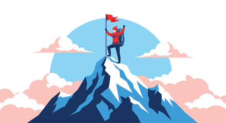 Triumphant climber plants flag on mountain peak, celebrating victory in challenging landscape, symbolizing achievement and determination, inspiring success stories