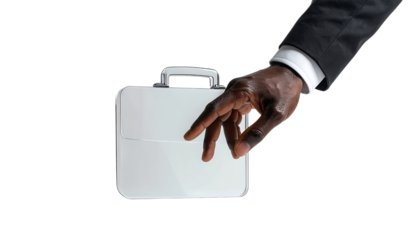 ガラス風の3Dブリーフケースに触れるビジネスマンの手|背景なし・透過PNG・コピースペース