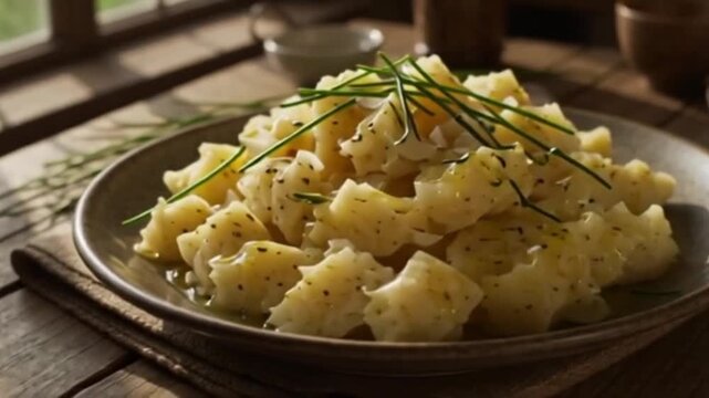 Traditioneller Kartoffelsalat mit Schnittlauch, Zwiebeln und leichter Essig-&Ouml;l-Marinade.