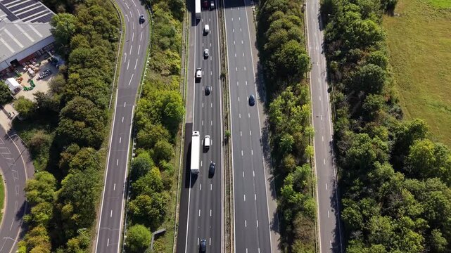Aerial video above M4 Motorway at junction 12 Reading, UK
