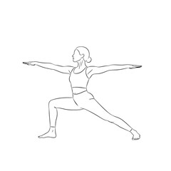 Illustration of a woman in warrior two yoga pose isolated on white background, depicting strength, balance, and mindfulness, ideal for health and wellness themes