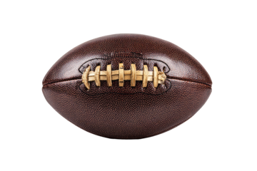 Close-up of a vintage-looking American football.  The ball is a rich brown leather, showing stitching