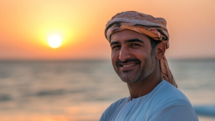 Portrait of a smiling emirate man in traditional dress during sunset on the beach near Dubai