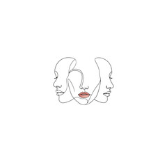 Abstract oneline drawing of three female faces, isolated on white background, showcasing minimalist art and the beauty of simplicity in continuous line illustration
