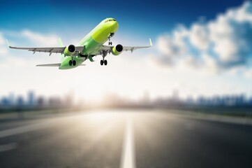 Obraz premium cityscape and flying airplane travel image.