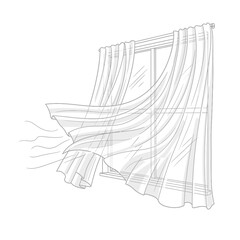 Sheer curtains billow gently in the breeze, isolated on white background, creating a serene and airy atmosphere in a minimalist line drawing of a window