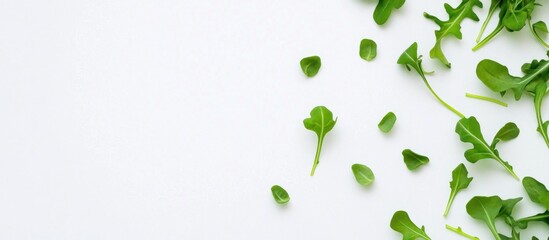 Arugula salad leaves arranged on a white background promoting healthy eating