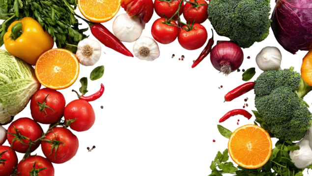 Vibrant array of fresh produce, forming a circular frame around a black center