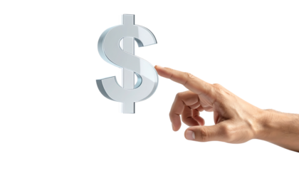 ビジネスマンが触れるガラス調ドルアイコン｜背景なし・透過PNG・コピースペース