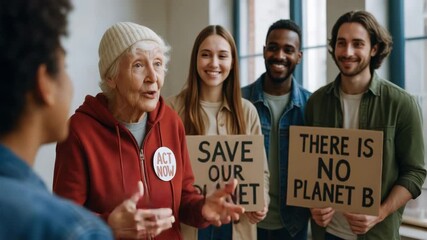 Elderly activist speaks passionately using visual metaphors and ethical messaging to urge climate action with diverse volunteers holding protest