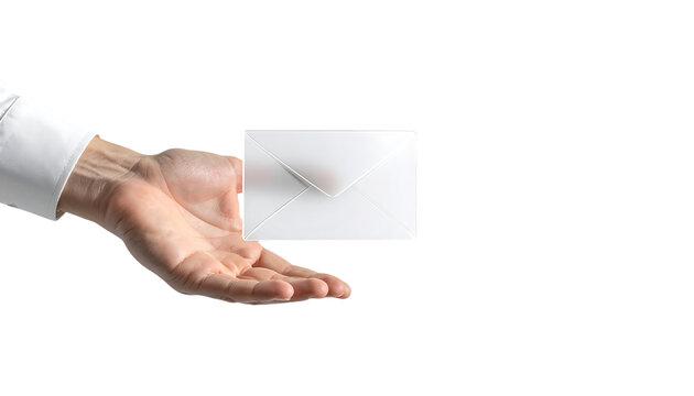 ビジネスマンの指先が触れる3Dガラス風メールアイコン｜背景なし・透過PNG・コピースペース