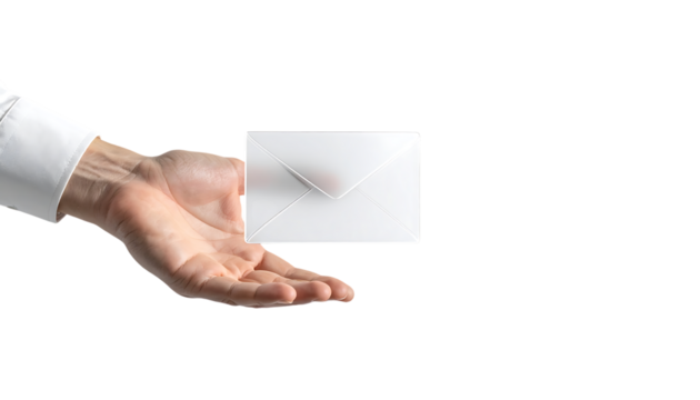 ビジネスマンの指先が触れる3Dガラス風メールアイコン｜背景なし・透過PNG・コピースペース
