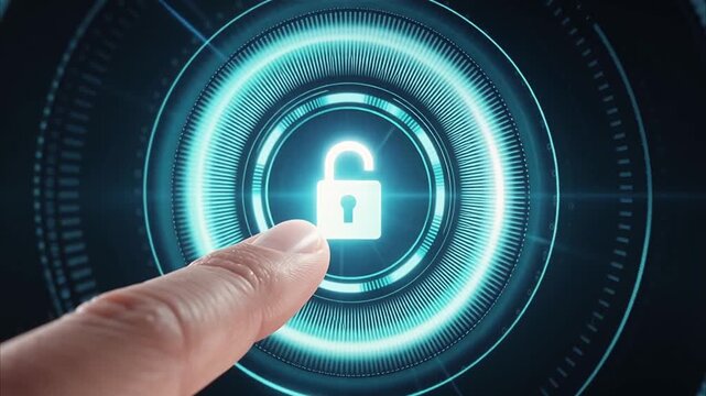 Unlocking Digital Security: A fingertip interacts with a glowing digital interface, activating an unlocked padlock symbol. This image represents the concept of data privacy and cyber security.