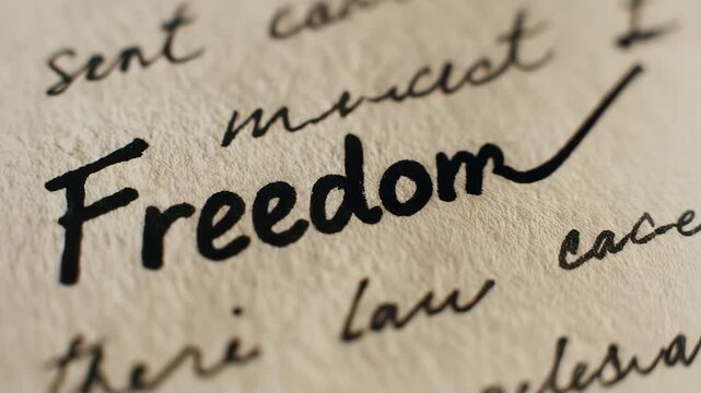 Freedom written ink textured paper handwriting and calligraphy evokes visual metaphors, ethical messaging about rights, hope, liberty