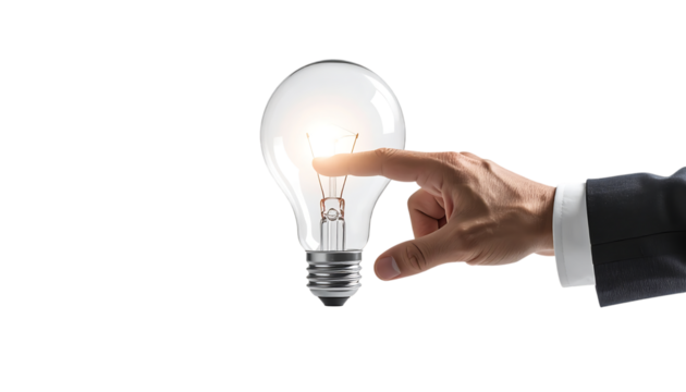 発想を象徴する光の電球に触れるビジネスマンの手｜背景なし・透過PNG・コピースペース
