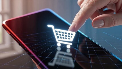 Digital Shopping at Your Fingertips: A close-up shot showcases a finger pressing on a digital shopping cart icon on a sleek tablet screen, symbolizing the ease and convenience of online retail. - Powered by Adobe