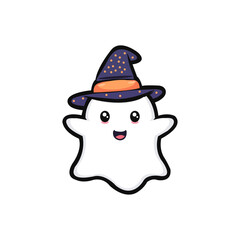 Cute Halloween Ghost Vector Design – Adorable Cartoon Spirit Character with Witch