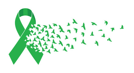 A vibrant green ribbon transforming into flocking birds, a symbol of hope and mental health awareness for campaigns and resources