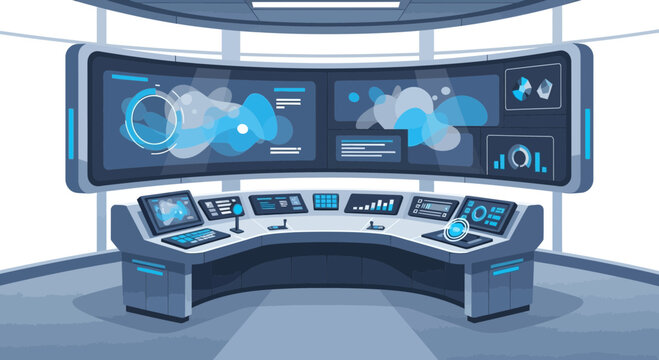 Futuristic control room interior with advanced technology screens and consoles