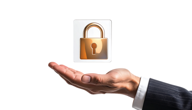 セキュリティ概念を象徴するロックアイコンに触れるビジネスマンの手｜背景なし・透過PNG・コピースペース