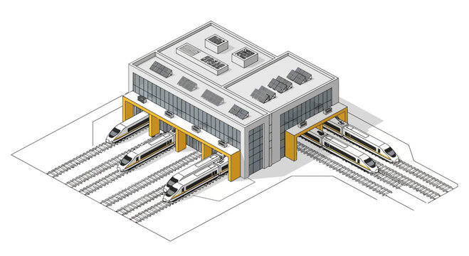 Isometric Illustration of a Modern Train Depot with Renewable Energy