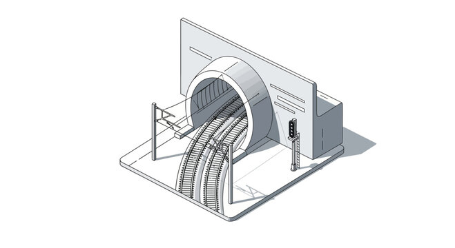Isometric Illustration of a Train Tunnel Entrance with Tracks and Signals
