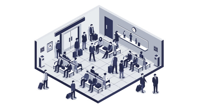 Isometric illustration of an airport waiting lounge with passengers and luggage