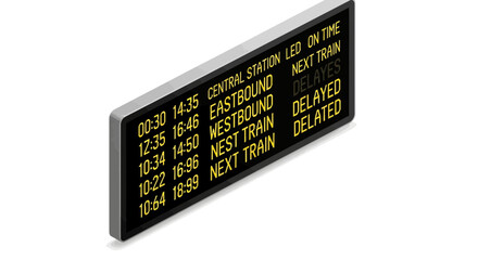 Isometric train station display board with delayed schedules information