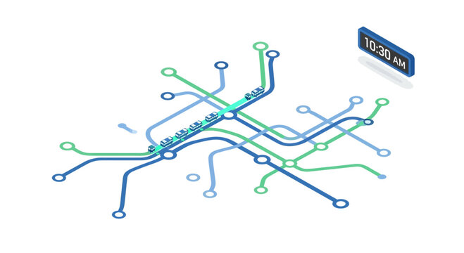 Isometric subway map with time display, vector transportation illustration