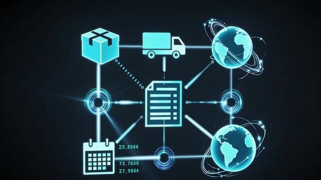 Digital Network of Global Logistics: An interconnected illustration of a digital global logistics network showcases the seamless flow of goods, the transportation, and worldwide distribution. - Powered by Adobe