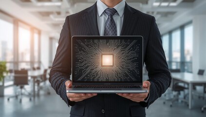 Professional holding a laptop with a glowing AI processor on screen, symbolizing cutting-edge technology, big data analysis, and advanced computing solutions for modern business innovation