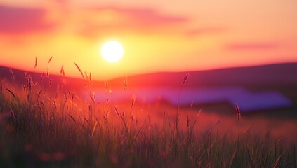 Golden hour illuminates a field of grass during a scenic sunset