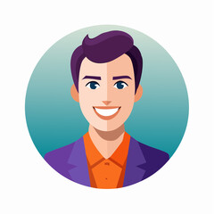 Smiling Man Avatar with Purple Jacket and Orange Shirt.