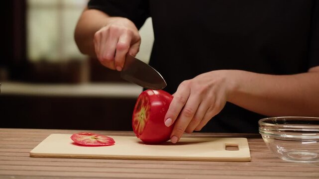 Chef woman slicing tomato using knife on the table in home. Process of cutting and preparation food in kitchen.