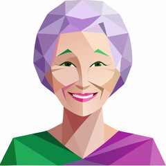 Portrait of an elderly Asian woman with a joyful expression rendered in a modern geometric style.
