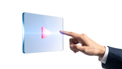 動画再生ボタンに触れるビジネスマンの手｜背景なし・透過PNG・コピースペース