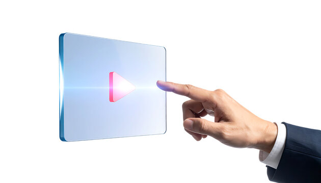 動画再生ボタンに触れるビジネスマンの手｜背景なし・透過PNG・コピースペース