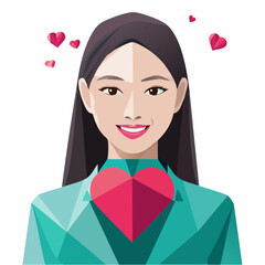 Young Woman with Heart Symbol and Hearts Floating Around Her Head.