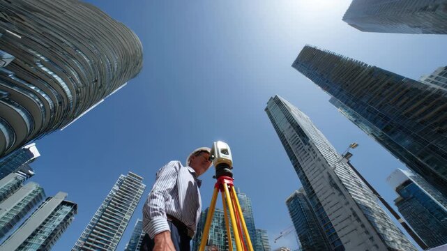 Professional measuring structural impacts of wind pressure in an urban setting highlighting turbulence around clustered skyscrapers.