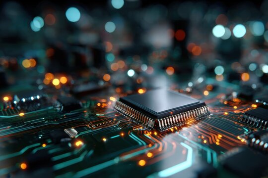 Close-up of glowing microprocessor on a circuit board with blue and orange lights
