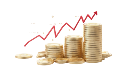 Gold coins stacked in ascending columns, with a red upward trendline superimposed