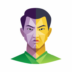 Geometric Portrait of an Asian Man with Split Color Face.