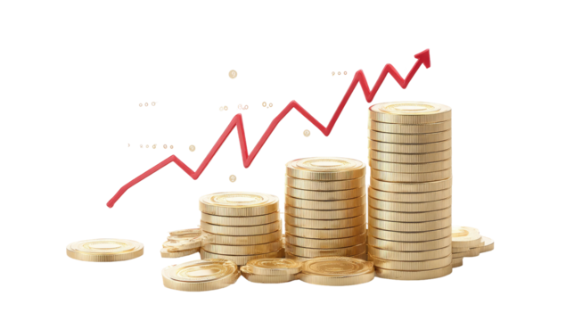Gold coins stacked in ascending columns, with a red upward trendline superimposed