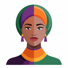 Portrait of a woman with split skin tones and colorful headwear.