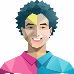 Geometric Portrait of a Smiling Person with Split Colors.