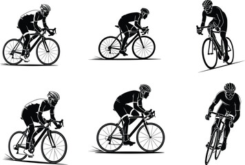 Cyclist silhouette vector, road bike illustration, racing posture, sports activity, helmet gear, dynamic motion, black and white graphic, fitness concept, competitive cycling